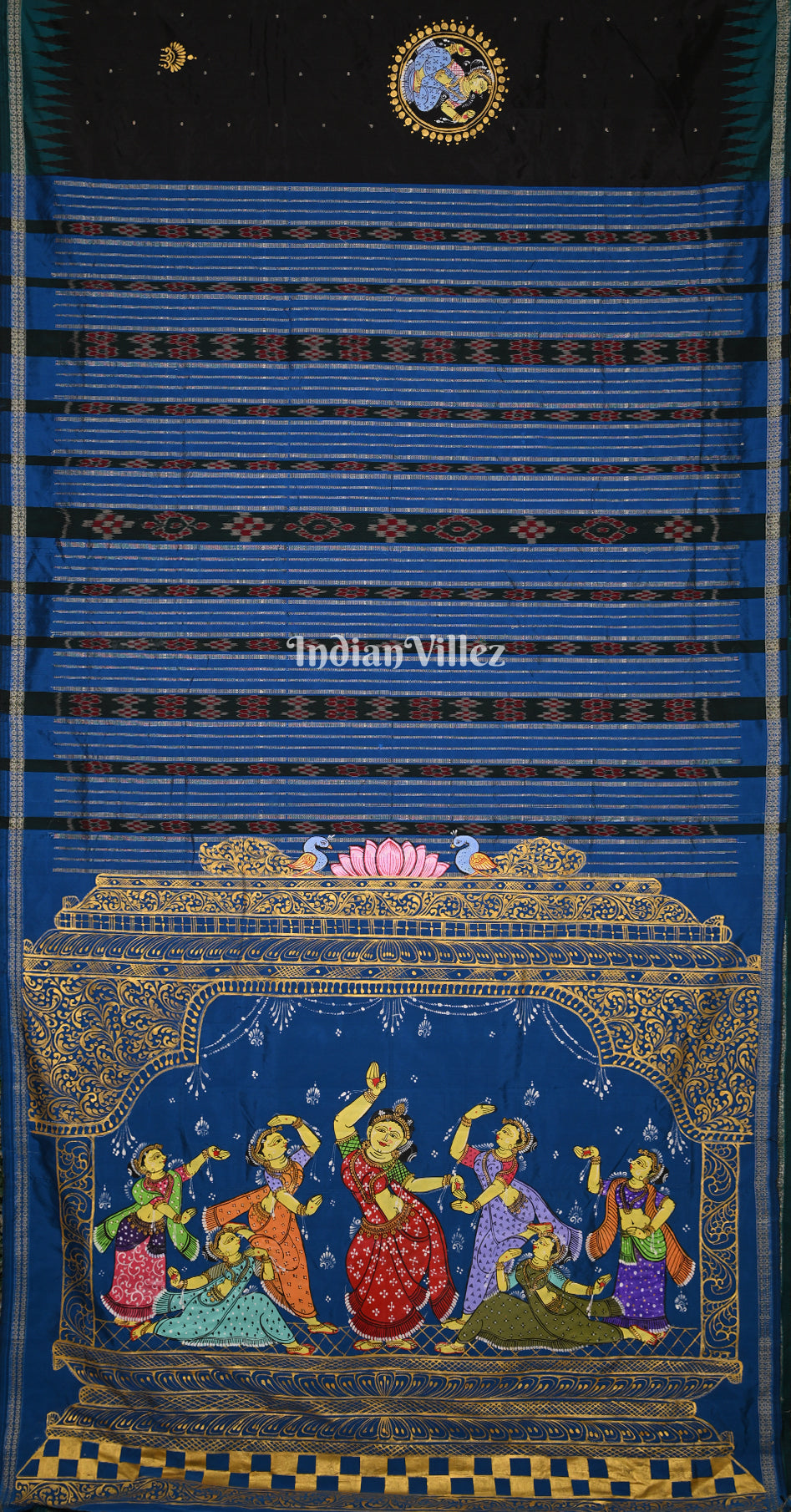 Black Blue Konark Nartaki Theme Hand-Painted Pattachitra Saree 