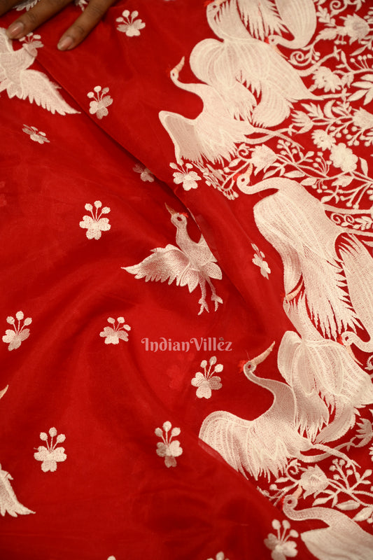 Red Parsi Gara Floral Motif Hand Embroidered Saree