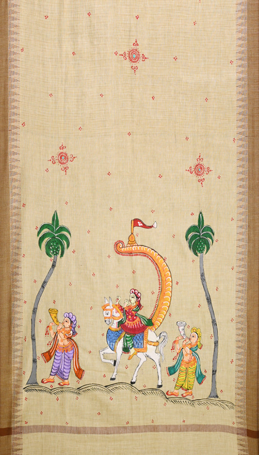 Cream marriage Theme Hand-Painted Tussar Pattachitra Dupatta