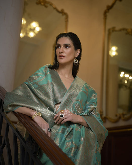 Ocean Green Dual Tone Handloom Weaving Organza Saree With Blouse Piece