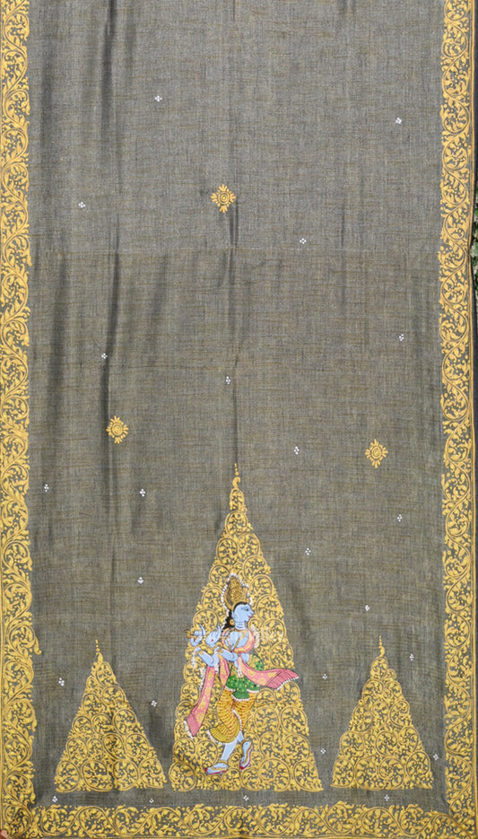 Blue Dual Tone Krishna Tussar Pattachitra Dupatta