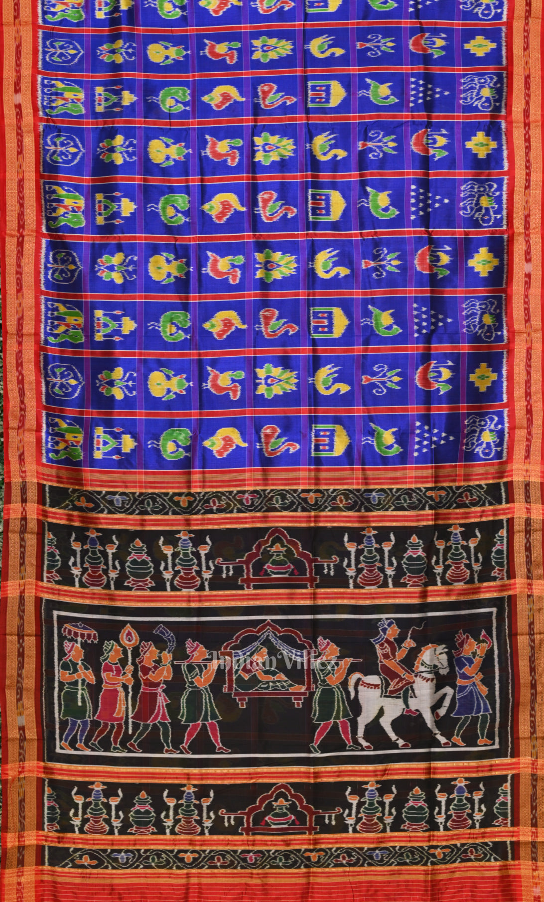 Blue Red Nabakothi Odisha Ikat Khandua Silk Saree with Doli Barat Anchal