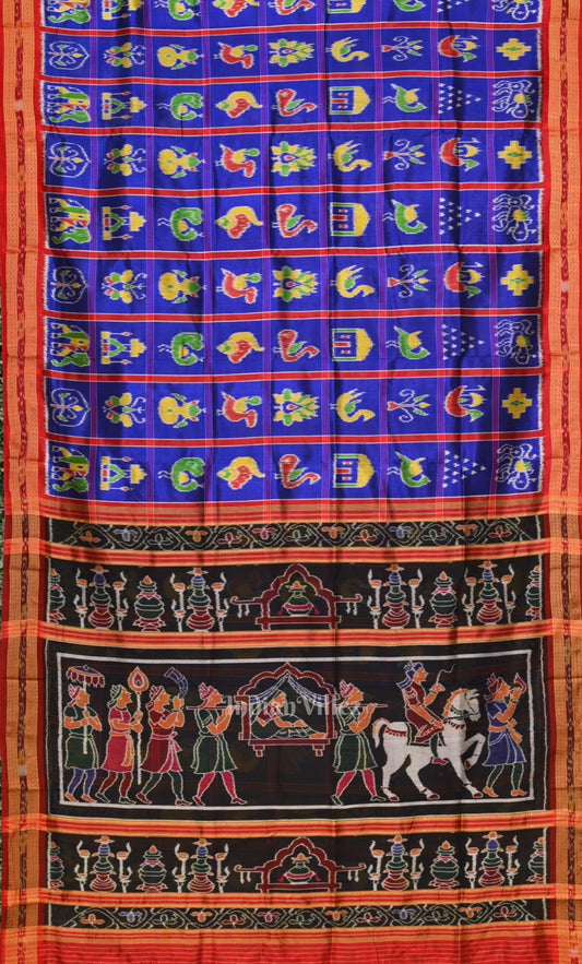 Blue Red Nabakothi Odisha Ikat Khandua Silk Saree with Doli Barat Anchal
