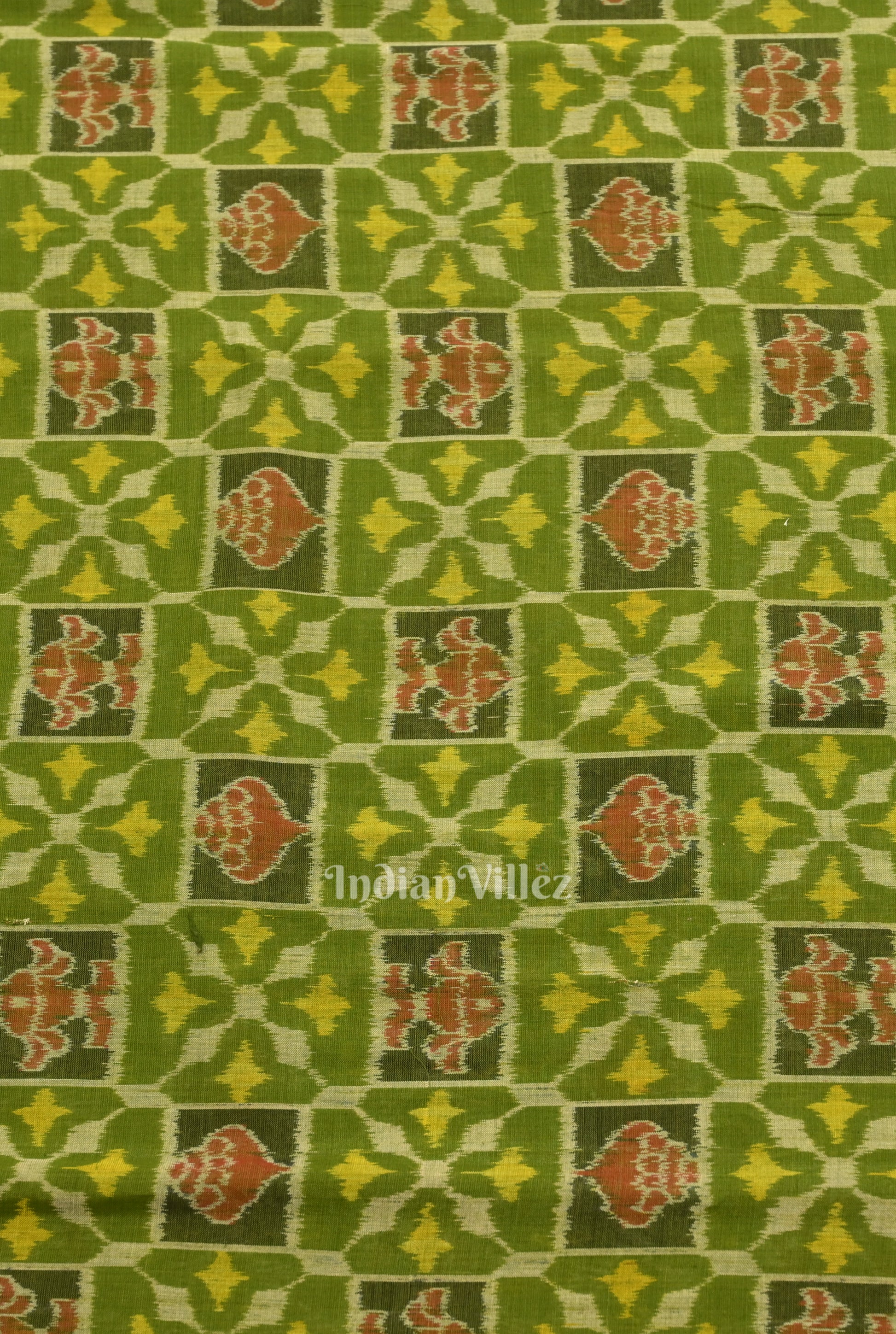 Mehendi Green Sankha Flowers Motif Sambalpuri Ikat Cotton Fabric