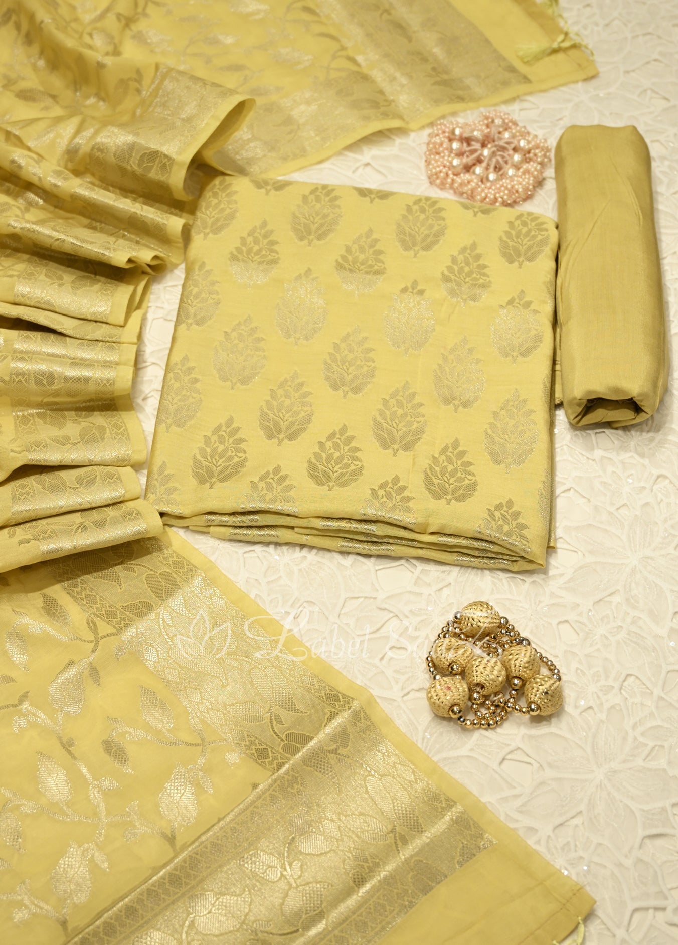 Lemon Yellow Banarasi Chanderi Silk Unstitched Salwar Suit 