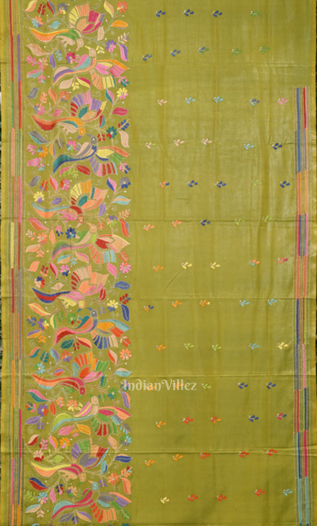 Mehendi Green  Handwoven Kantha Stitch Silk Saree
