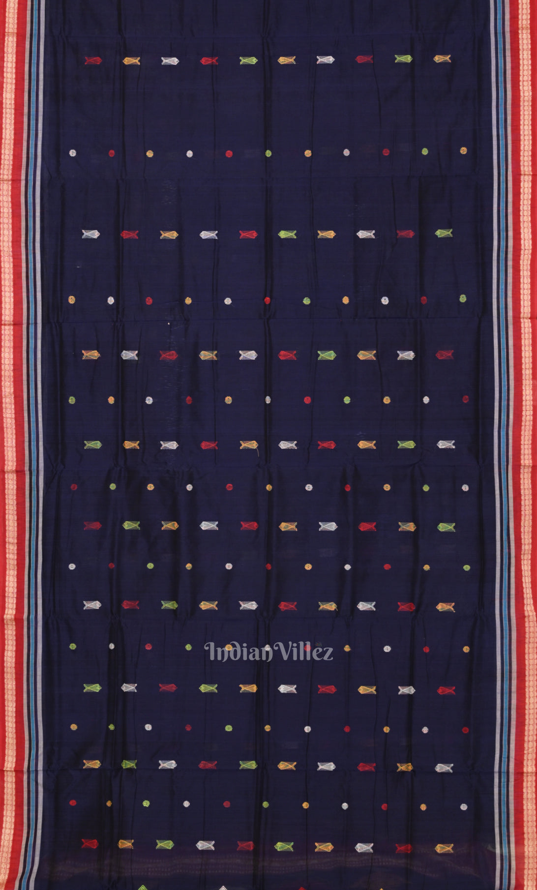 Blue Red Fish Motif  Odisha Ikat Bomkai Cotton saree