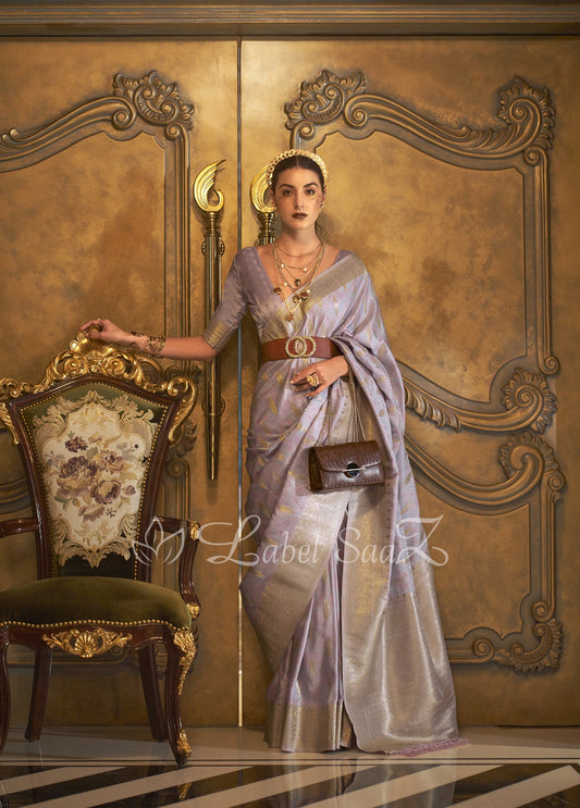 Light Lavendar Zari Handwoven Banarasi Satin Silk Saree