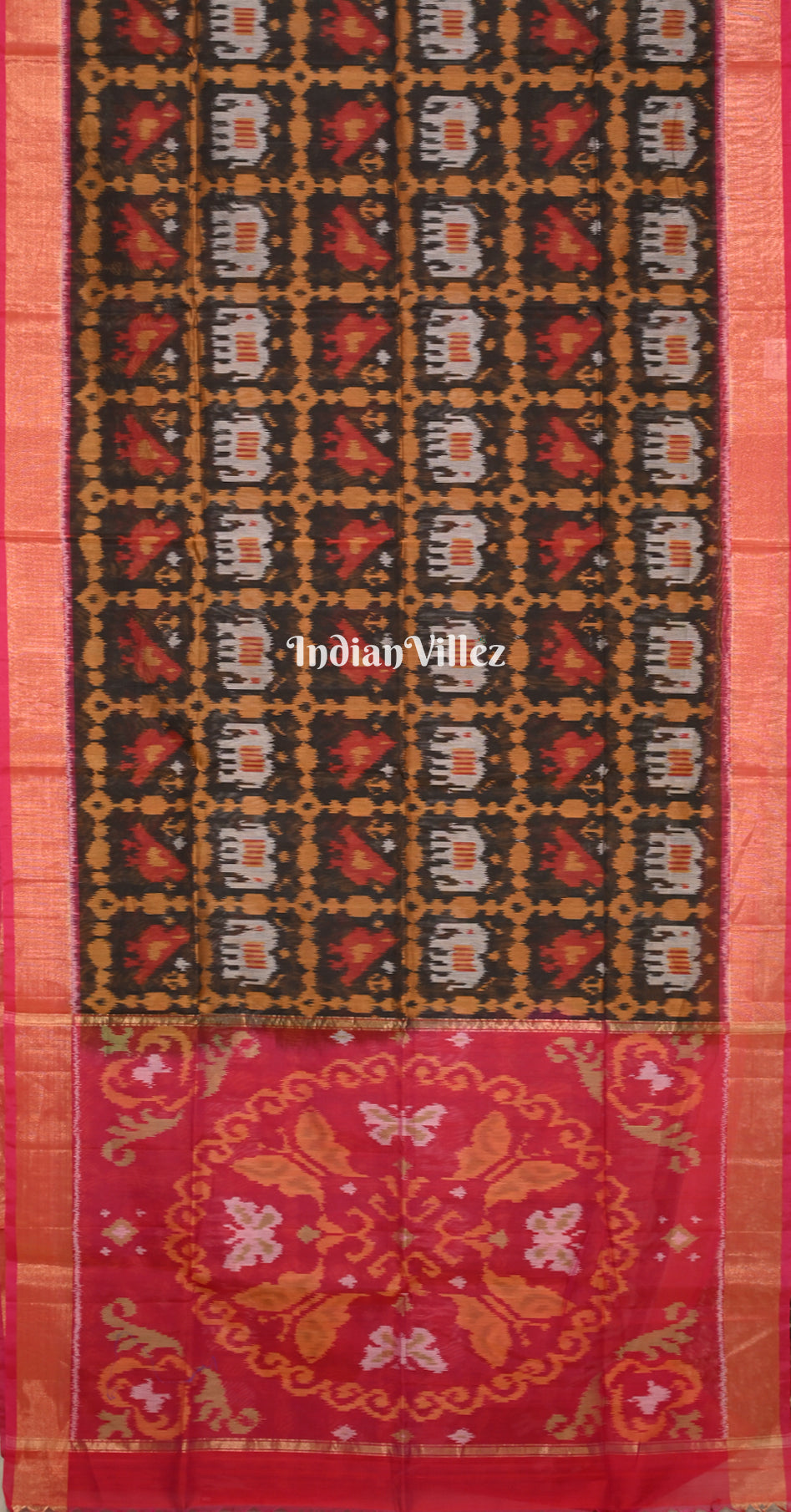 Black Magenta Pink Jungle Motif Pochampally Ikat (Sico) Saree 