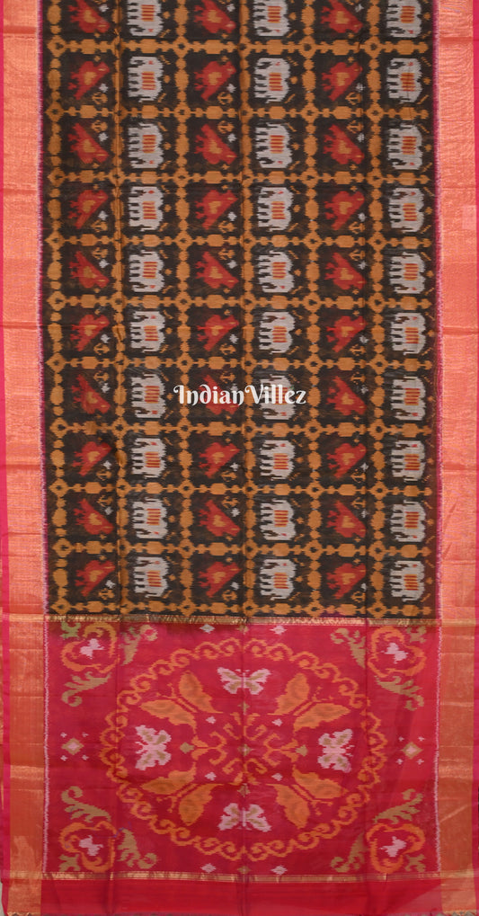Black Magenta Pink Jungle Motif Pochampally Ikat (Sico) Saree 