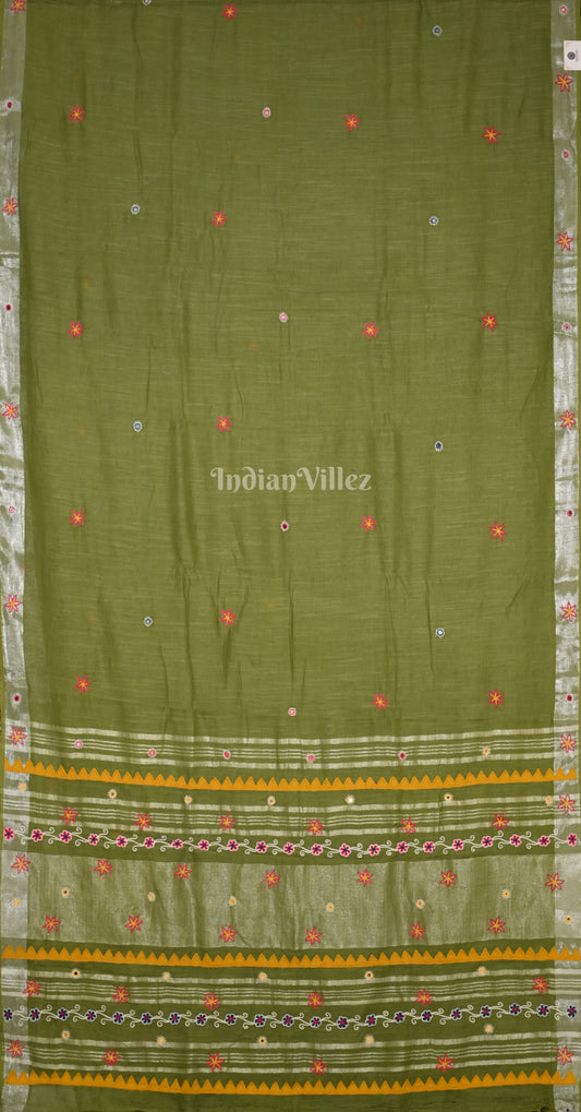Mehendi Green Hand Embroidered Applique Work Saree