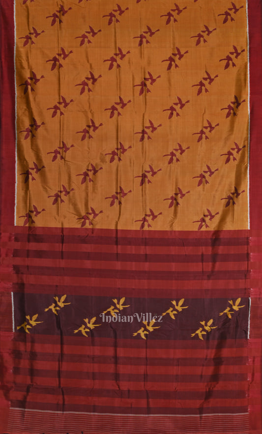  Mustard Yellow  Maroon Bird Odisha Ikat Contemporary Designer Silk Saree 
