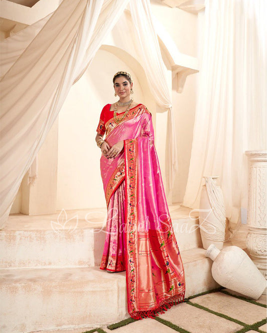 Pink Rewa Tissue Handloom Paithani Saree