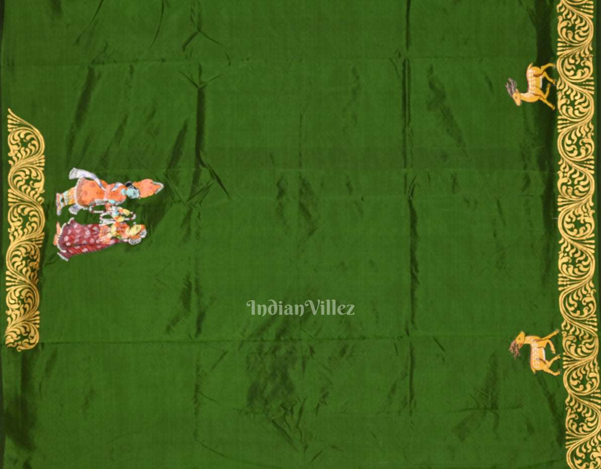  Mehendi Green  Ramayan Theme Hand-Painted Pattachitra Saree