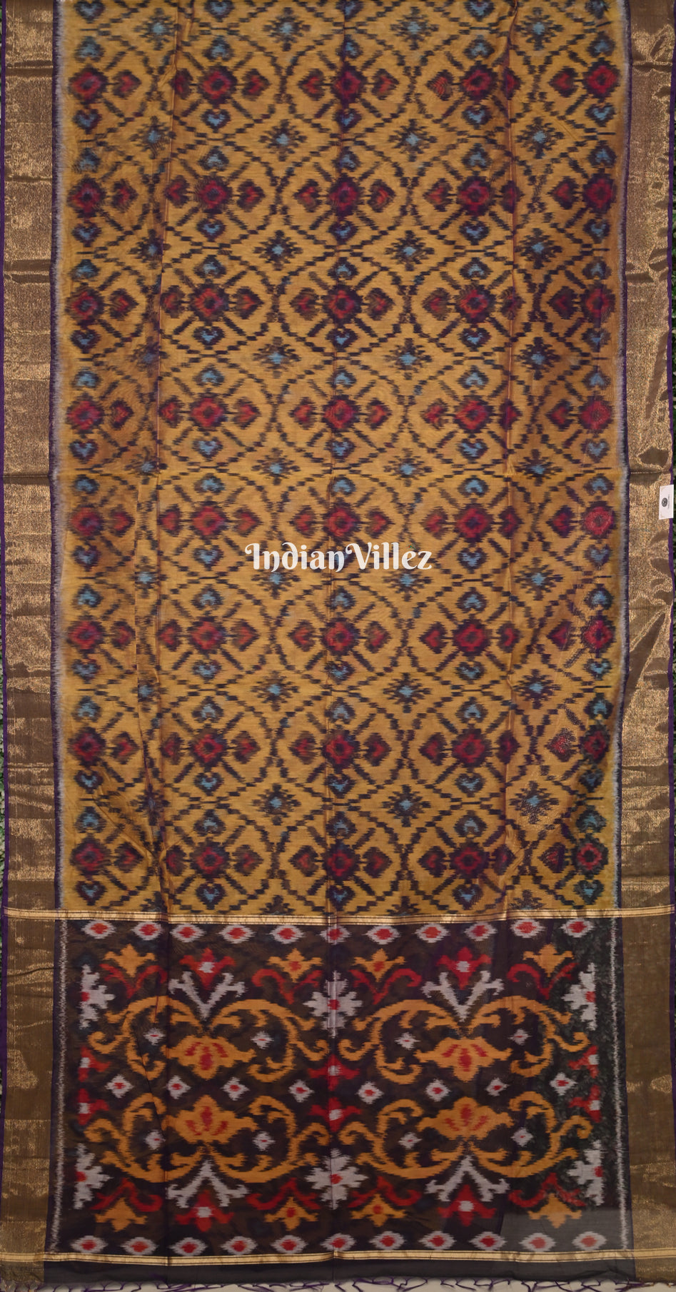 Mustard Yellow Black Green Pochampally Ikat Silk Cotton (Sico) Saree 