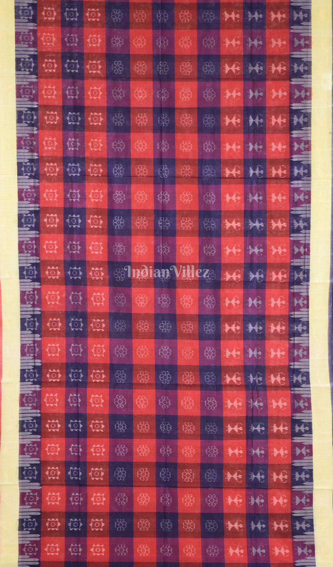 Red Blue Tribal Theme Pure Sambalpuri Cotton Saree