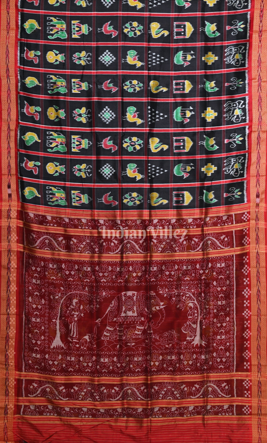 Black Maroon Nabakothi Odisha Ikat Khandua Silk Saree with Elephant Anchal
