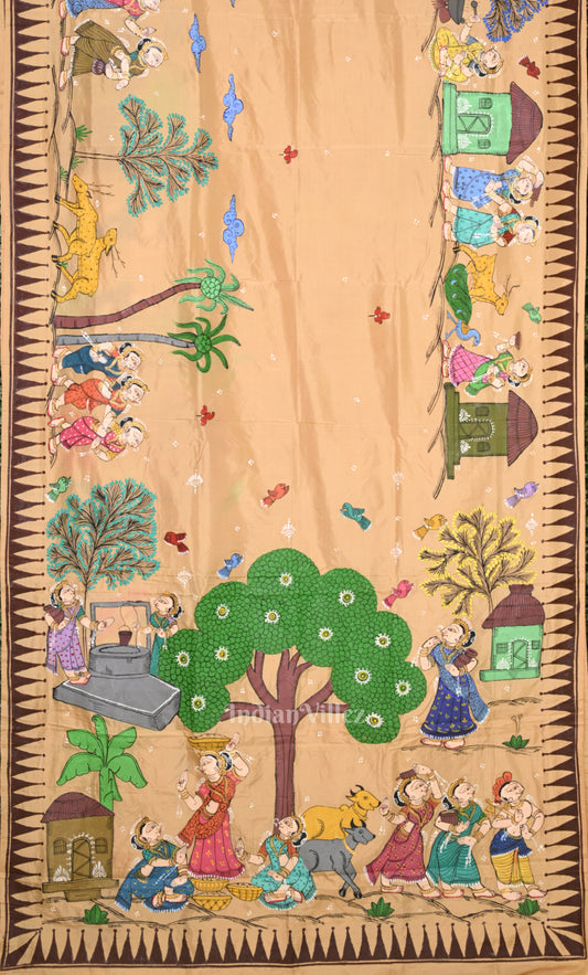 Beige Village Theme Hand-Painted Pattachitra Saree 