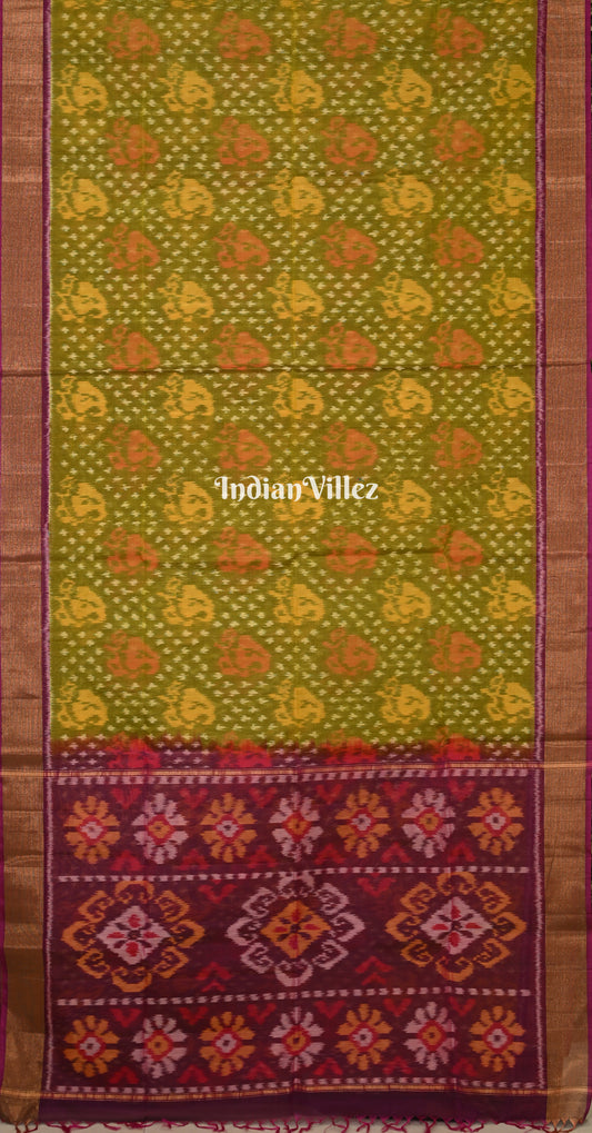 Mehendi Green Maroon Pochampally Ikat Silk Cotton (Sico) Saree 