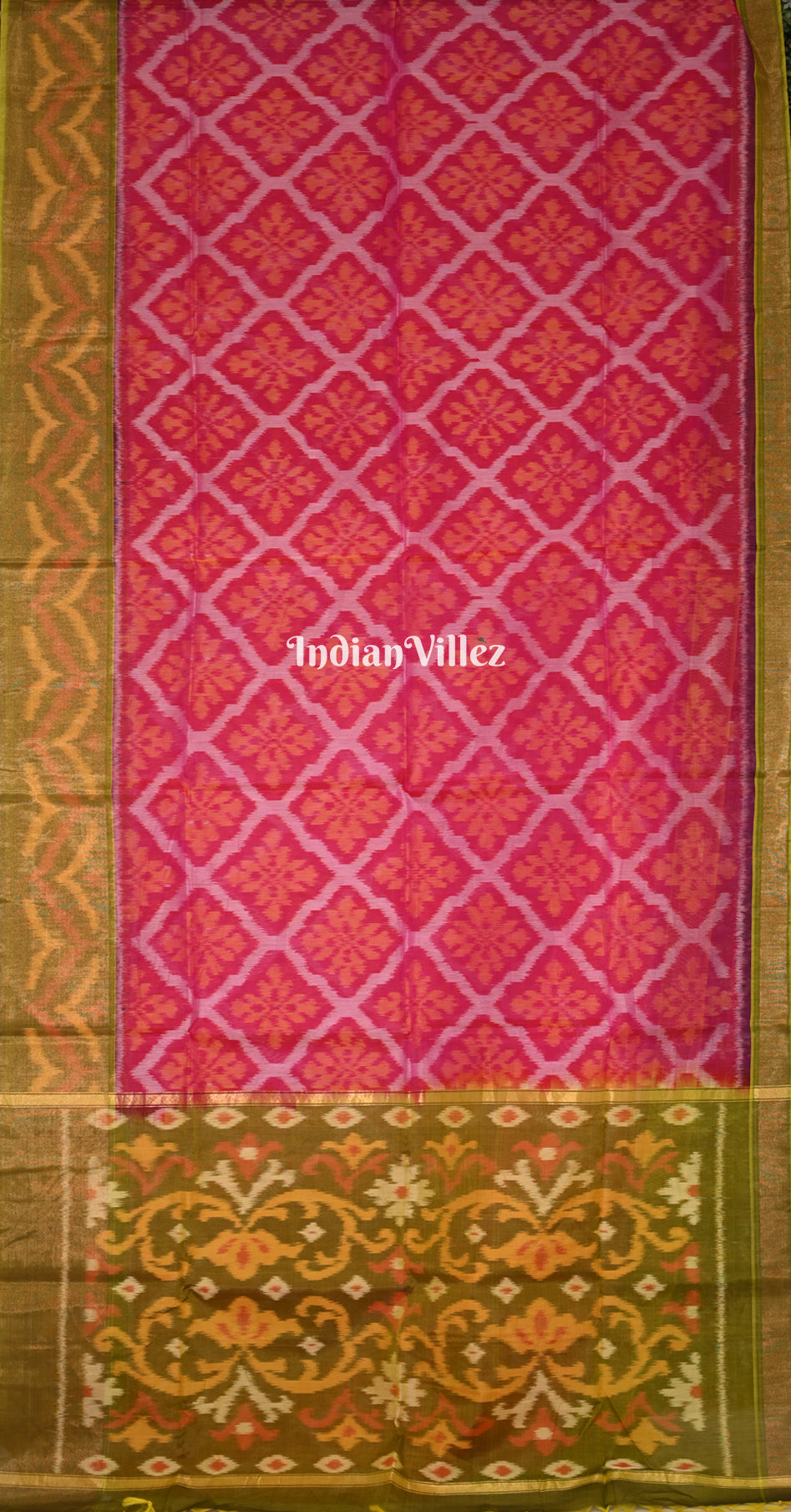 Rani Pink Olive Green Pochampally Ikat Silk Cotton (Sico) Saree