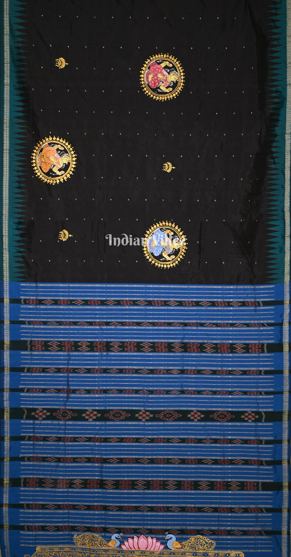 Black Blue Konark Nartaki Theme Hand-Painted Pattachitra Saree 
