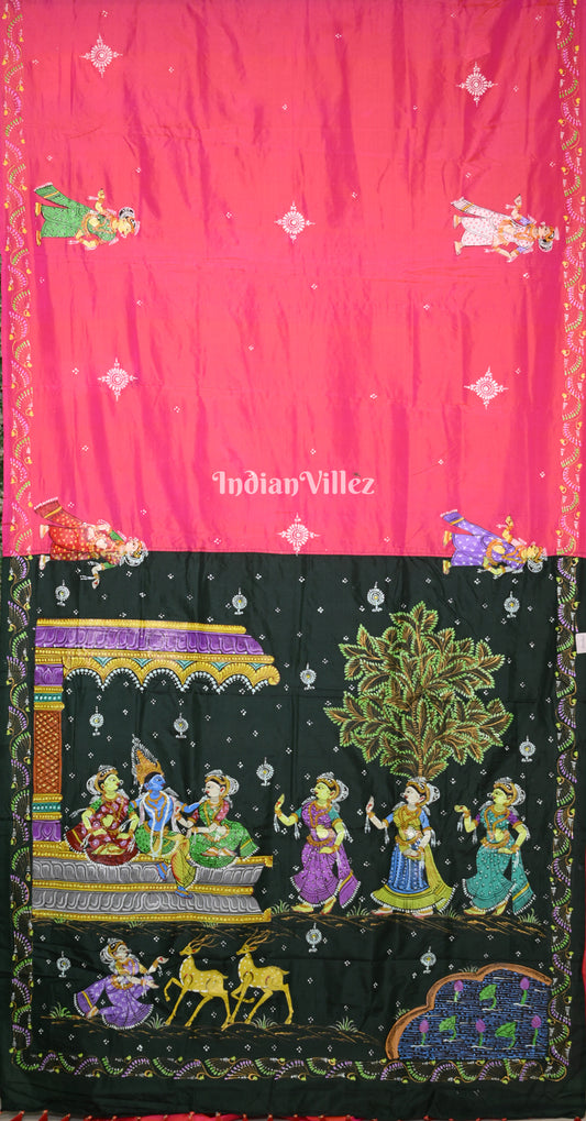 Rani Pink Bottle Green Krishna Raas Leela Hand- Painted Pattachitra Saree 