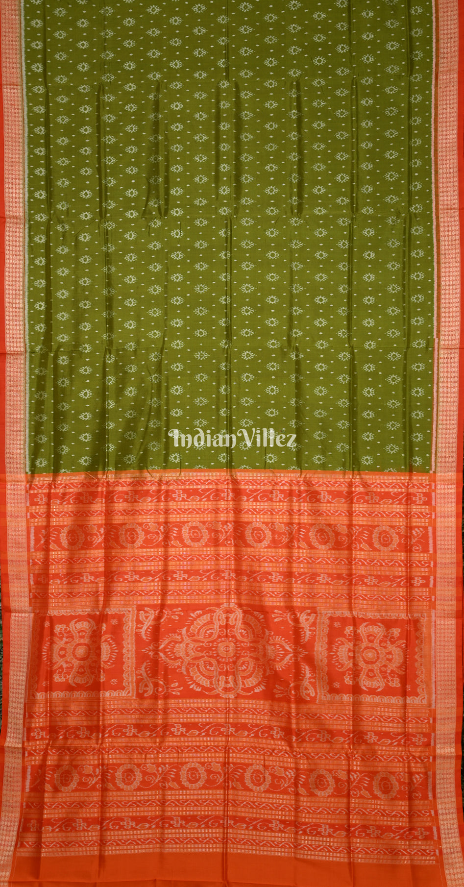 Mehendi Green Red Floral Design Odisha Ikat Sambalpuri Silk Saree 