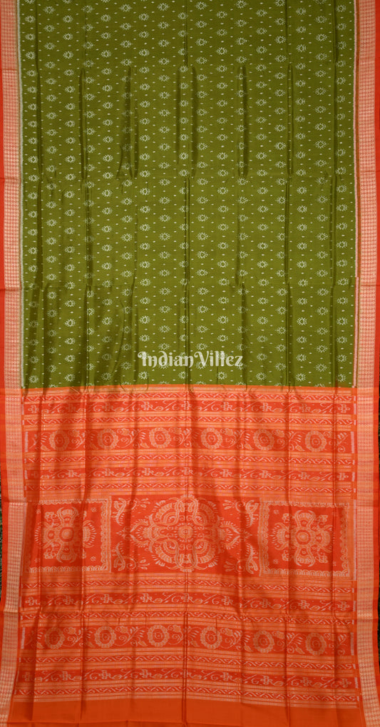 Mehendi Green Red Floral Design Odisha Ikat Sambalpuri Silk Saree 