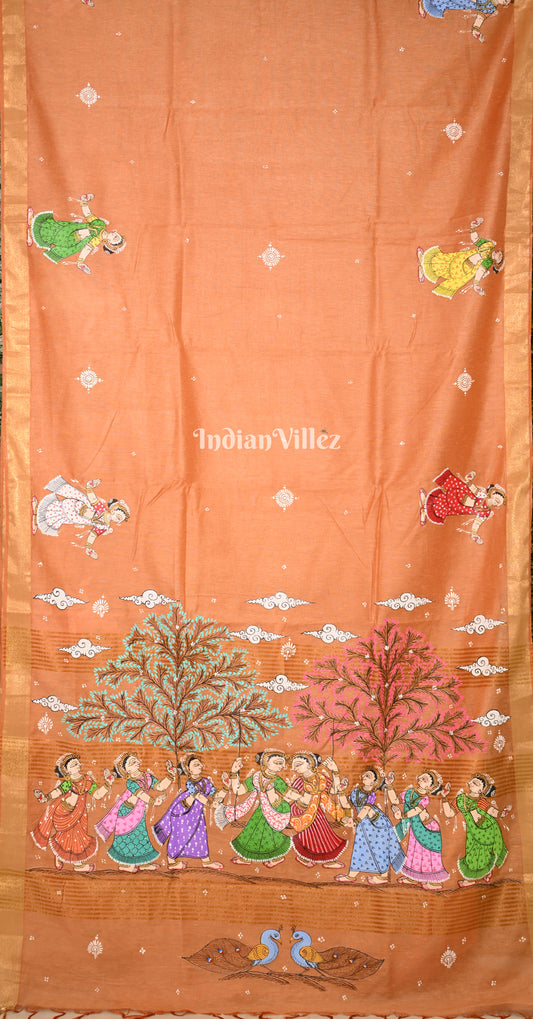 Orange Dandiya Hand-Painted Pattachitra Saree