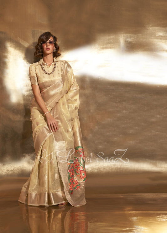 Pastel Golden Kora Silk Tissue Handloom Saree With Paithani Pallu