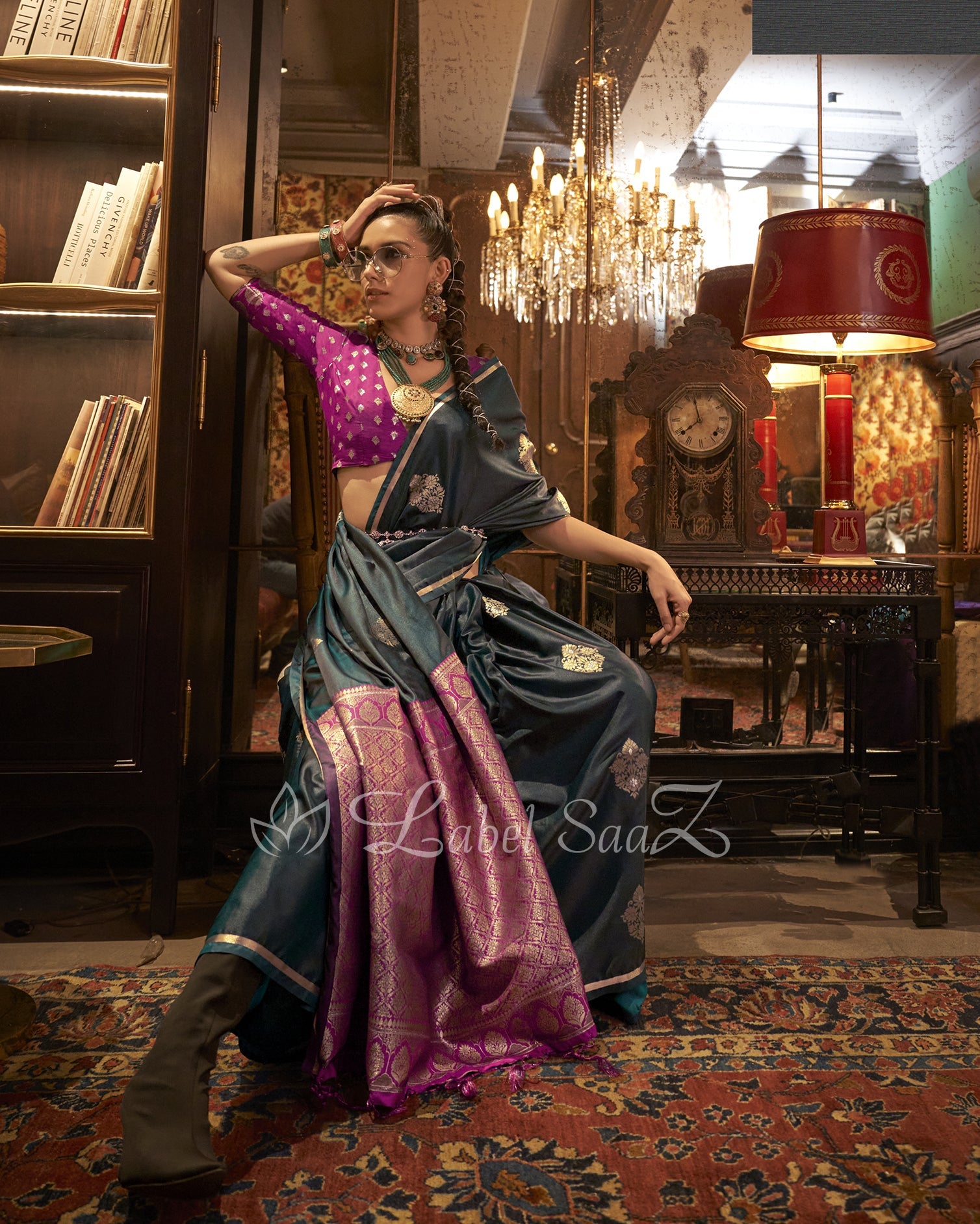 Dark Green Pure Satin Handloom Weaving Silk Saree