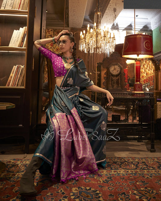 Dark Green Pure Satin Handloom Weaving Silk Saree