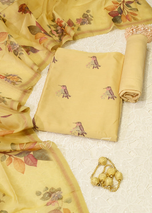 Light Yellow Thread Work Unstitched Salwar Suit