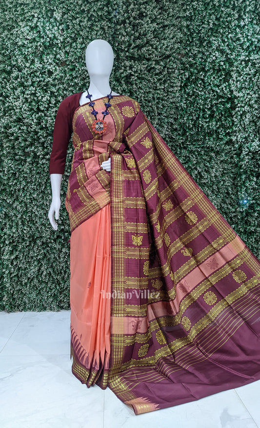Peach Maroon Double Pallu Berhampuri Silk Saree