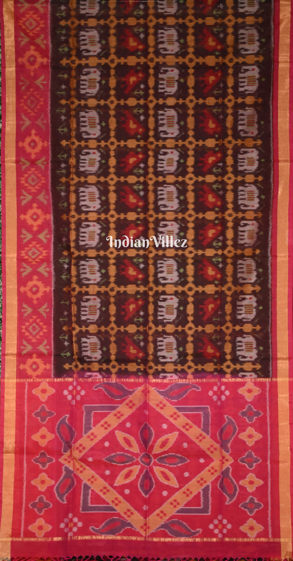 Chocolate Brown Rani Pink Pochampally Ikat Silk Cotton (Sico) Saree 