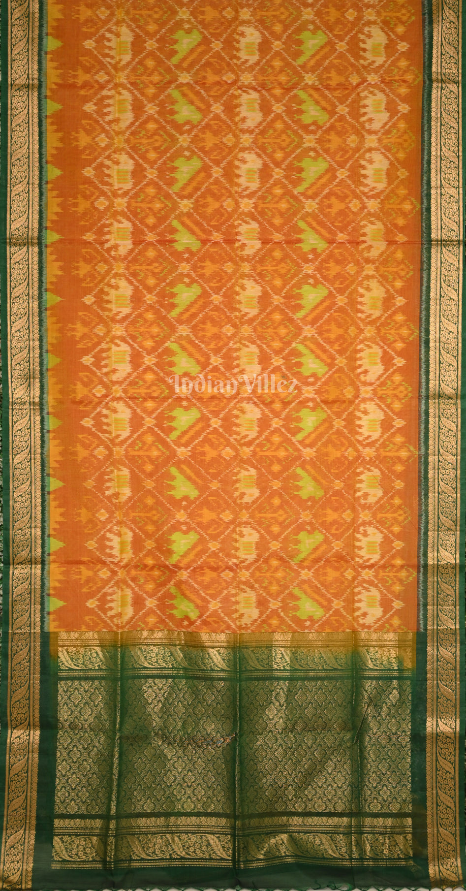 Mustard Yellow & Green Pochampally Ikat Silk Cotton (Sico) Saree