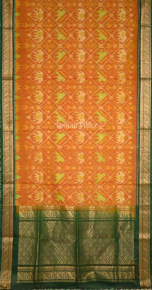 Mustard Yellow & Green Pochampally Ikat Silk Cotton (Sico) Saree