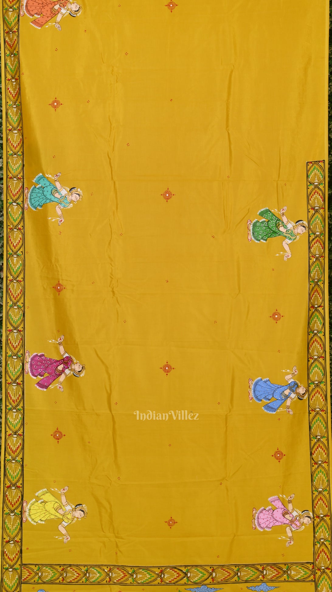 Yellow Radha Krishna Rasa Leela Hand-Painted Pattachitra Saree