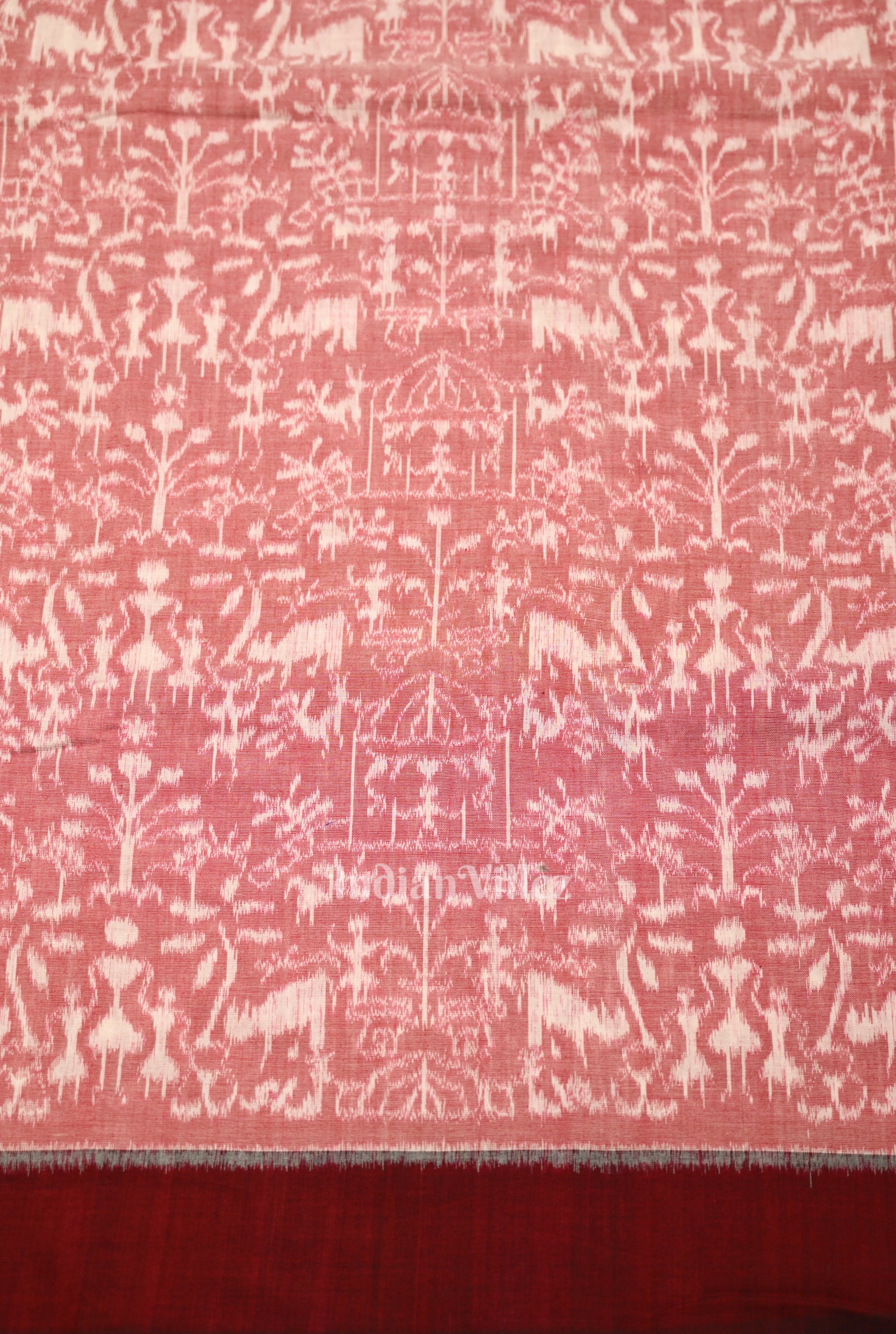 Peach Maroon Tribal Theme Sambalpuri Ikat Cotton Fabric 