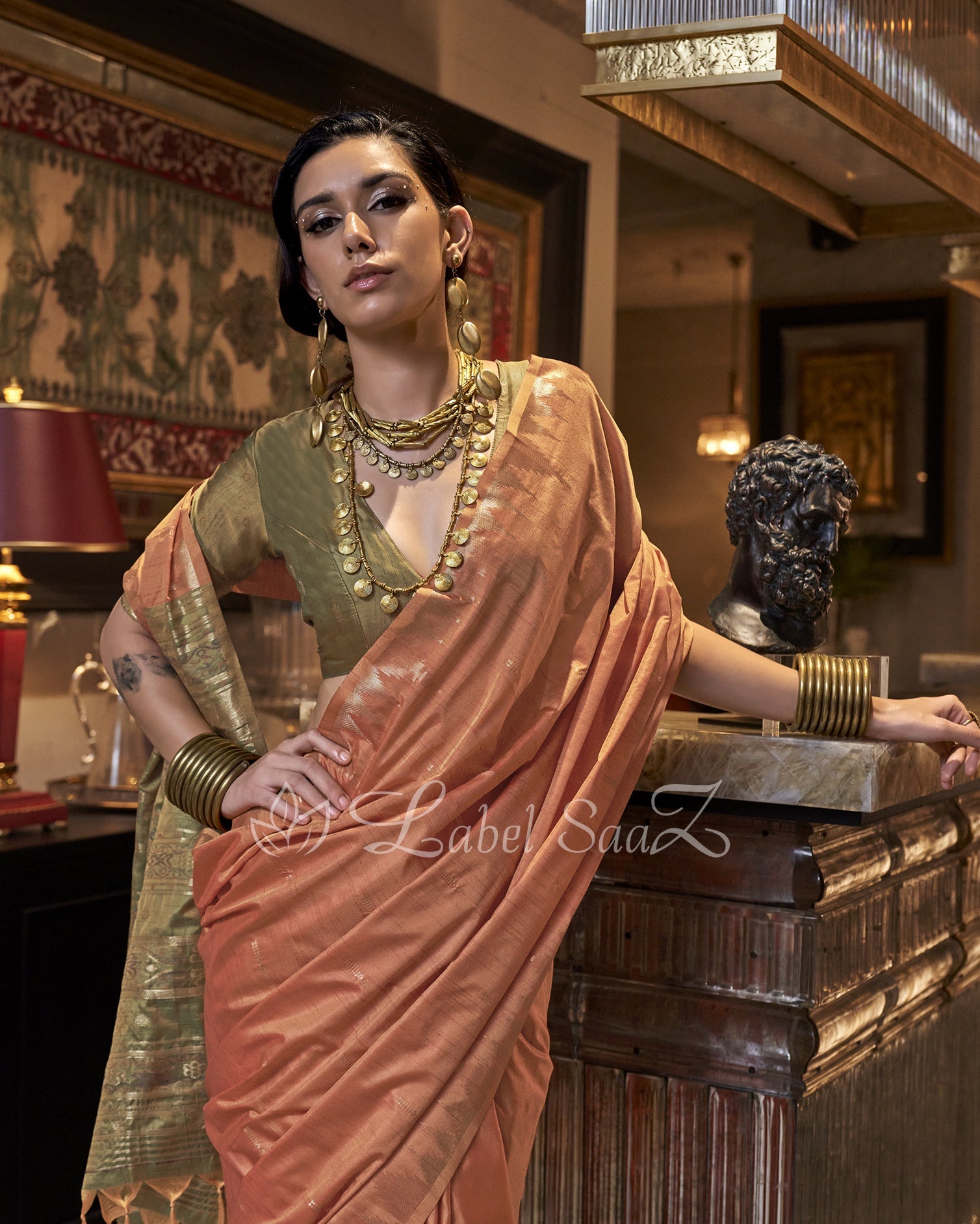Orange Tussar Silk Handloom Weaving Saree