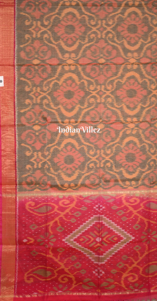 Grey Rani Pink Floral Motif Pochampally Ikat Silk Cotton (Sico) Saree