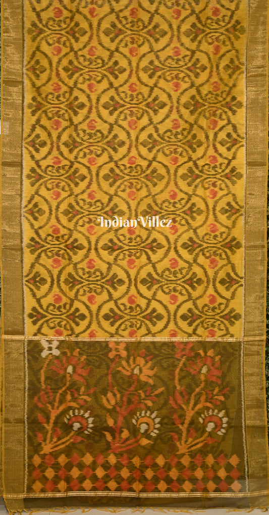 Mustard Yellow Green Pochampally Ikat Silk Cotton (Sico) Saree 