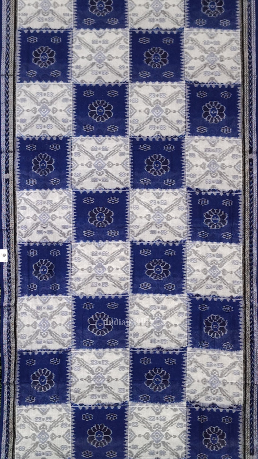 White Blue Pasapali Odisha Ikat Sambalpuri Cotton Saree