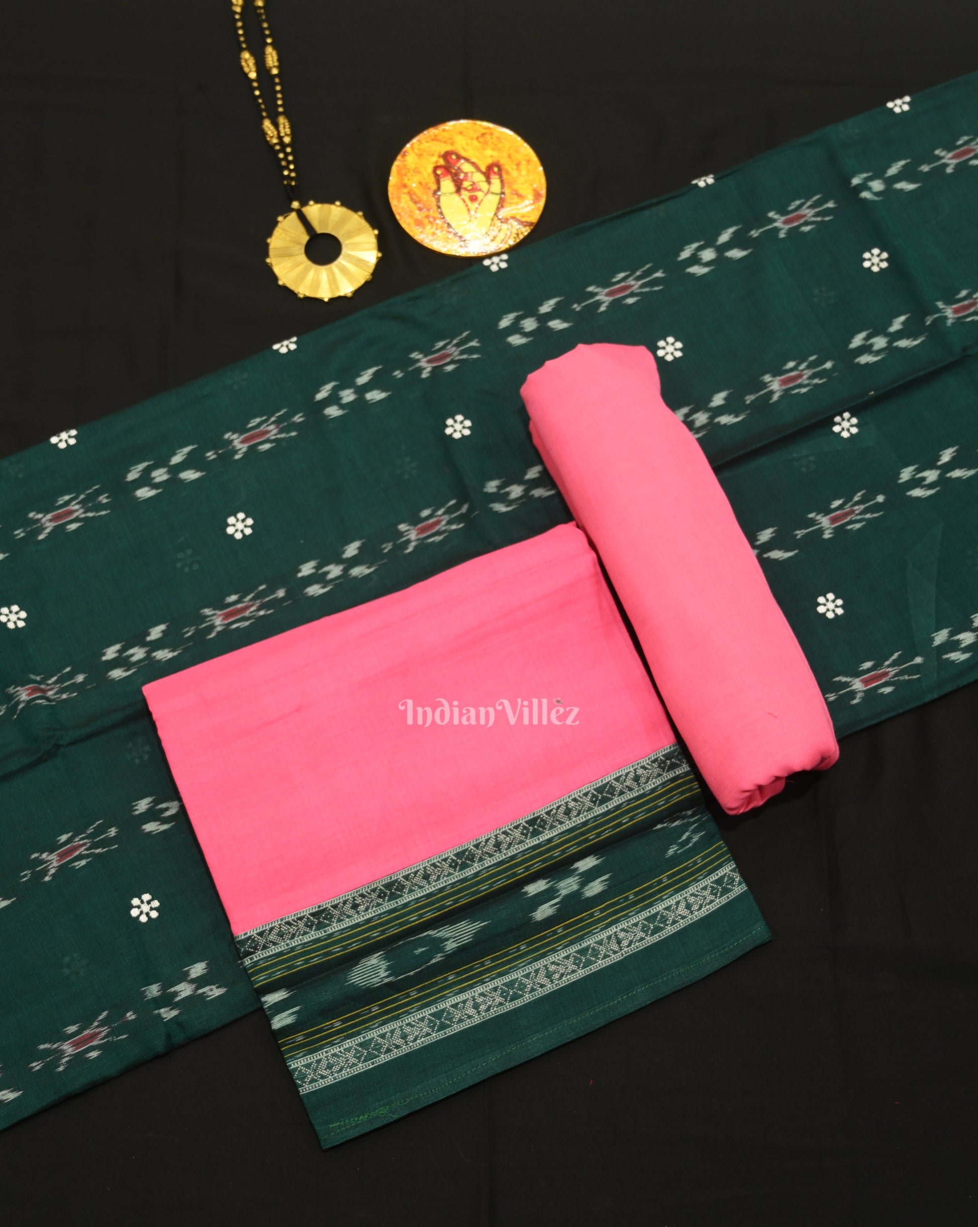Green Pink Flower Buti Odisha Ikat  Sambalpuri Dress Set & Dupatta 