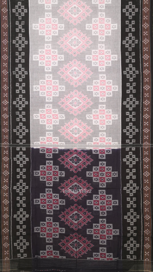 Gray Black Body Pasapali Odisha Ikat Sambalpuri Cotton Saree 