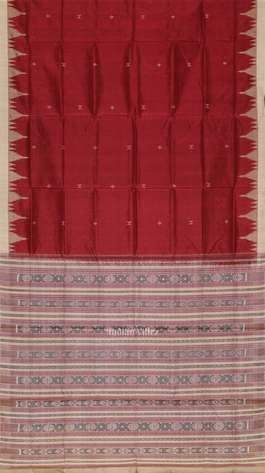 Maroon Red Cream Hazar Buti Bomkai Tussar Silk Saree with Sarabandha Anchal 