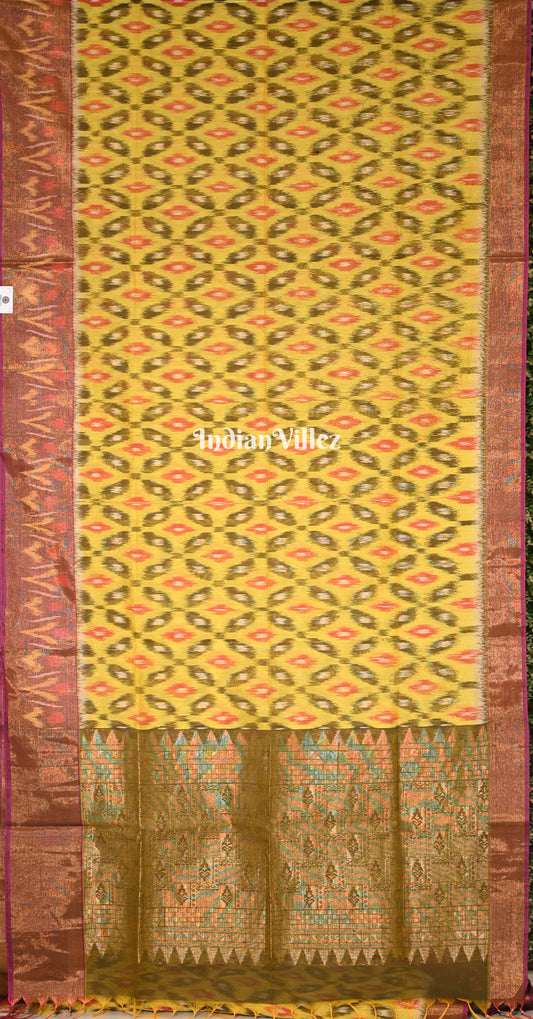 Yellow Moss Green Zig Zag Pochampally Ikat Silk Cotton (Sico) Saree