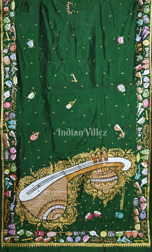Green Sitar Instrument Hand-Painted Pattachitra Saree