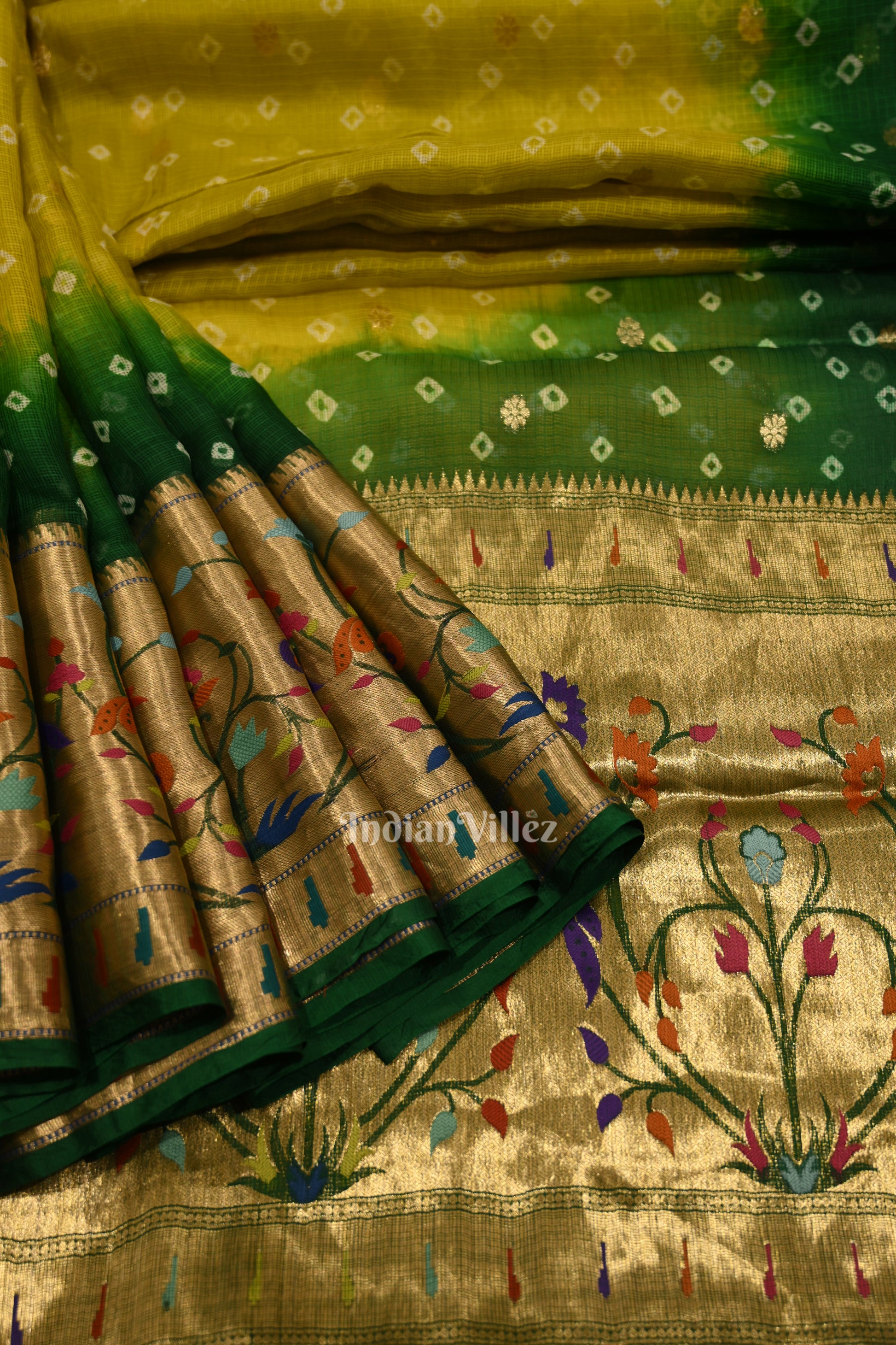 Yellow Green Bandhini  Banarasi  Kota Saree with Paithani Border