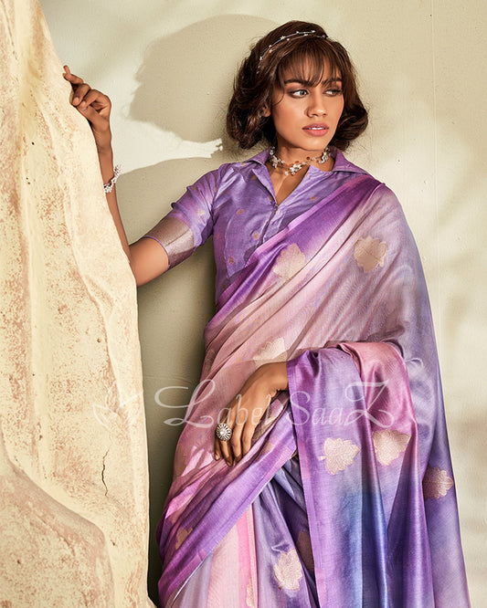 Sky Blue Shaded Floral Linen Saree with Zari work